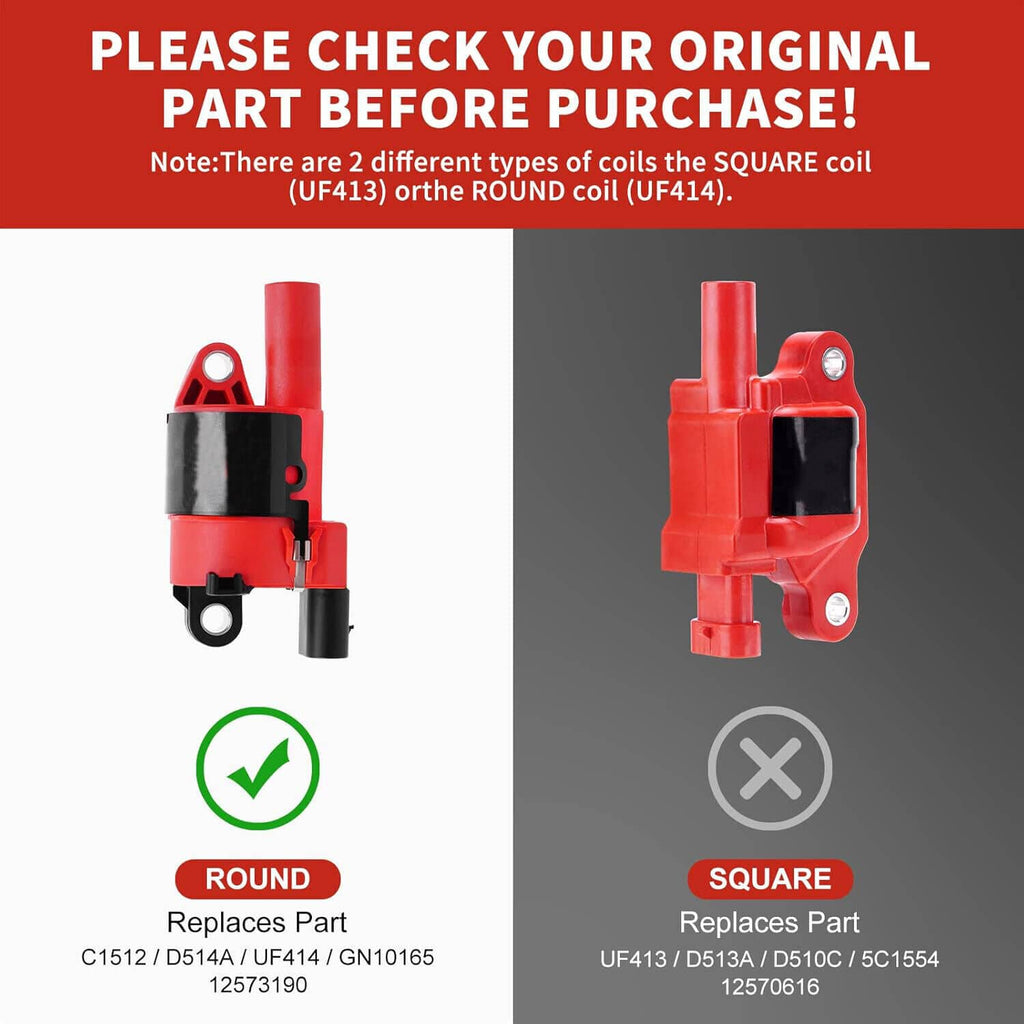 Red ignition coil and spark plug connectors shown in round and square styles