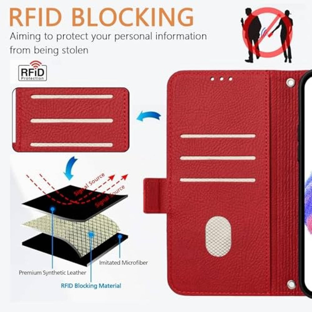 Red embossed floral RFID-blocking phone wallet case with card sleeve