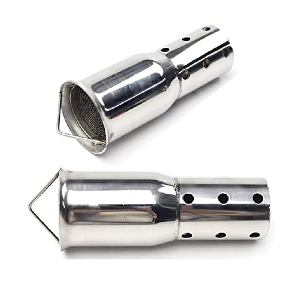 Stainless steel exhaust silencer set with perforated sleeve and end mesh, front and rear views