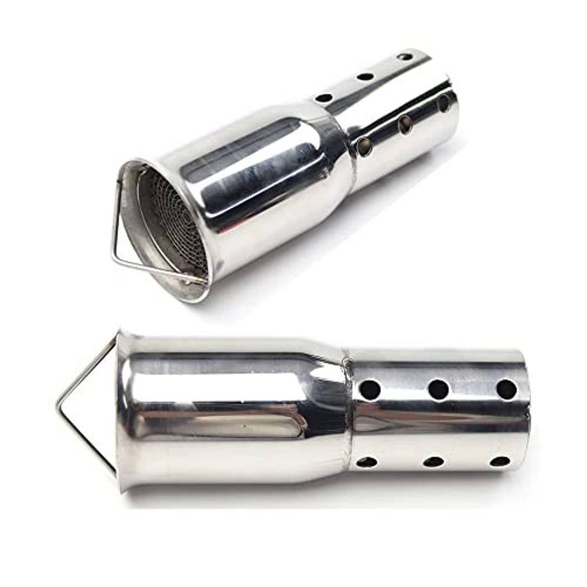 Stainless steel exhaust silencer set with perforated sleeve and end mesh, front and rear views