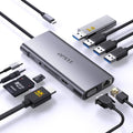 Grey 11-in-1 USB-C hub adapter with HDMI, VGA, Ethernet, and multiple USB ports