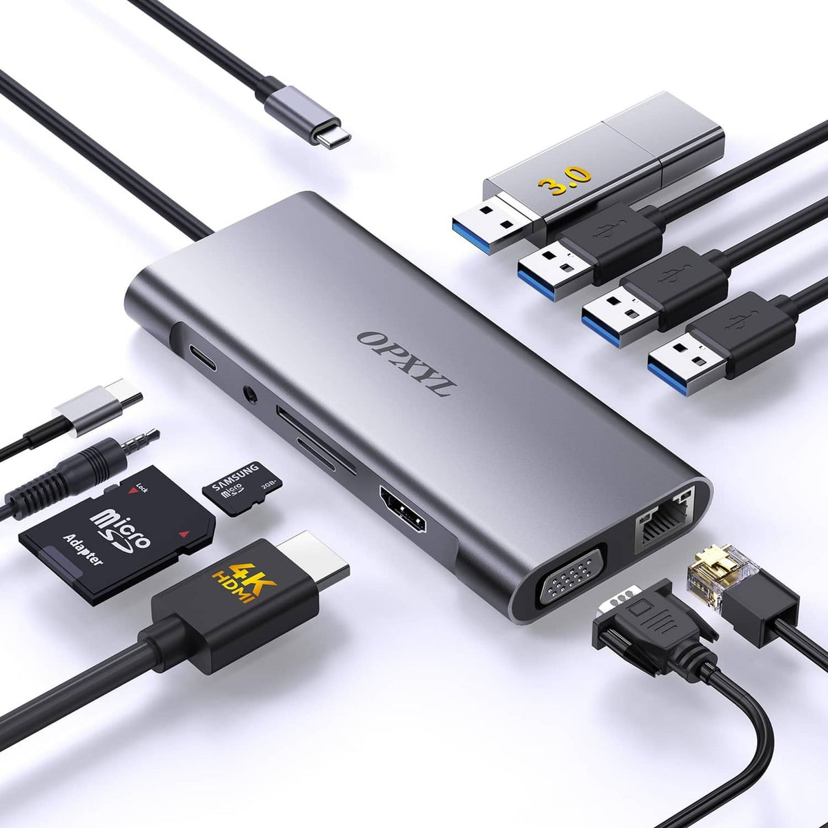 Grey 11-in-1 USB-C hub adapter with HDMI, VGA, Ethernet, and multiple USB ports