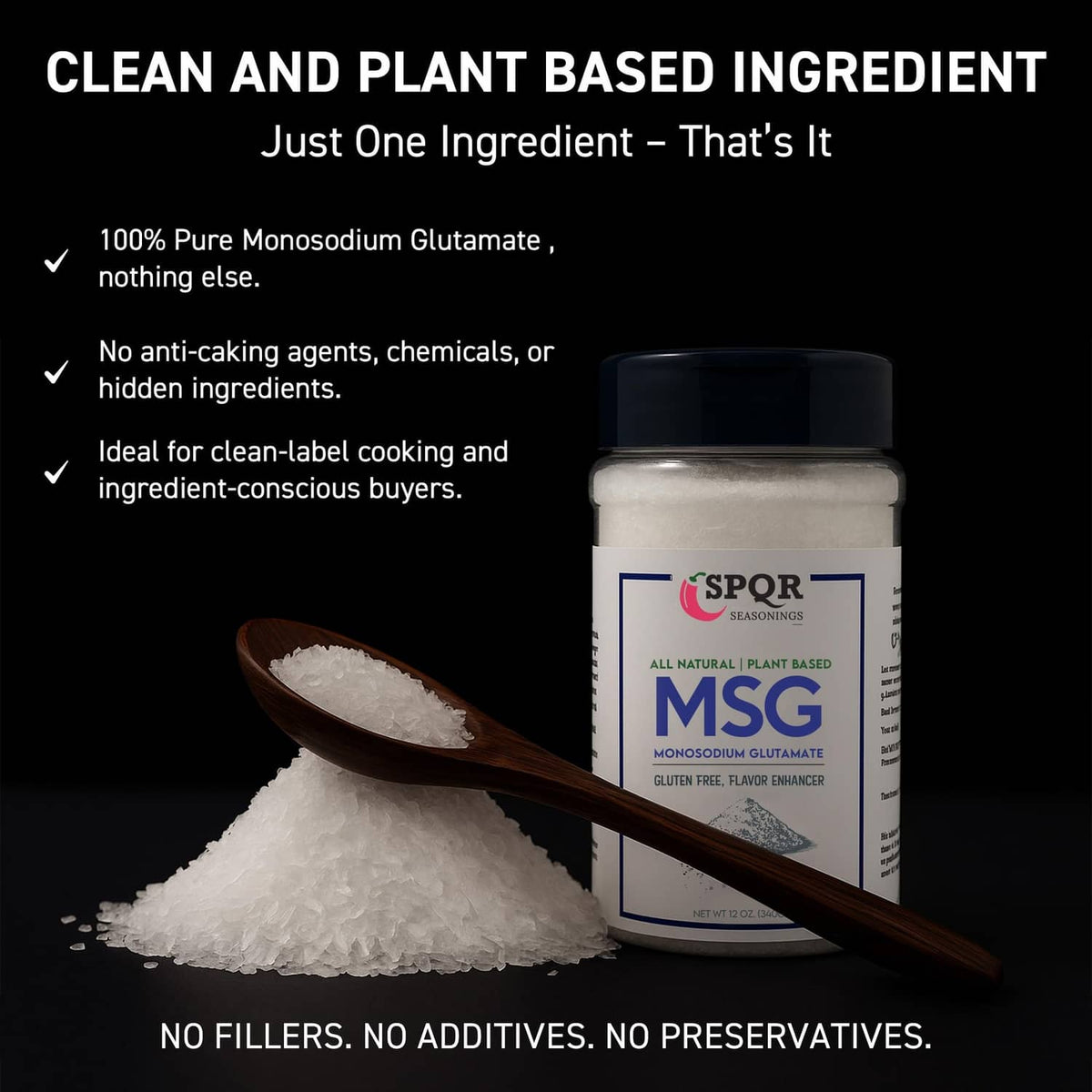Plant-based MSG seasoning jar with wooden spoon of white seasoning crystals.