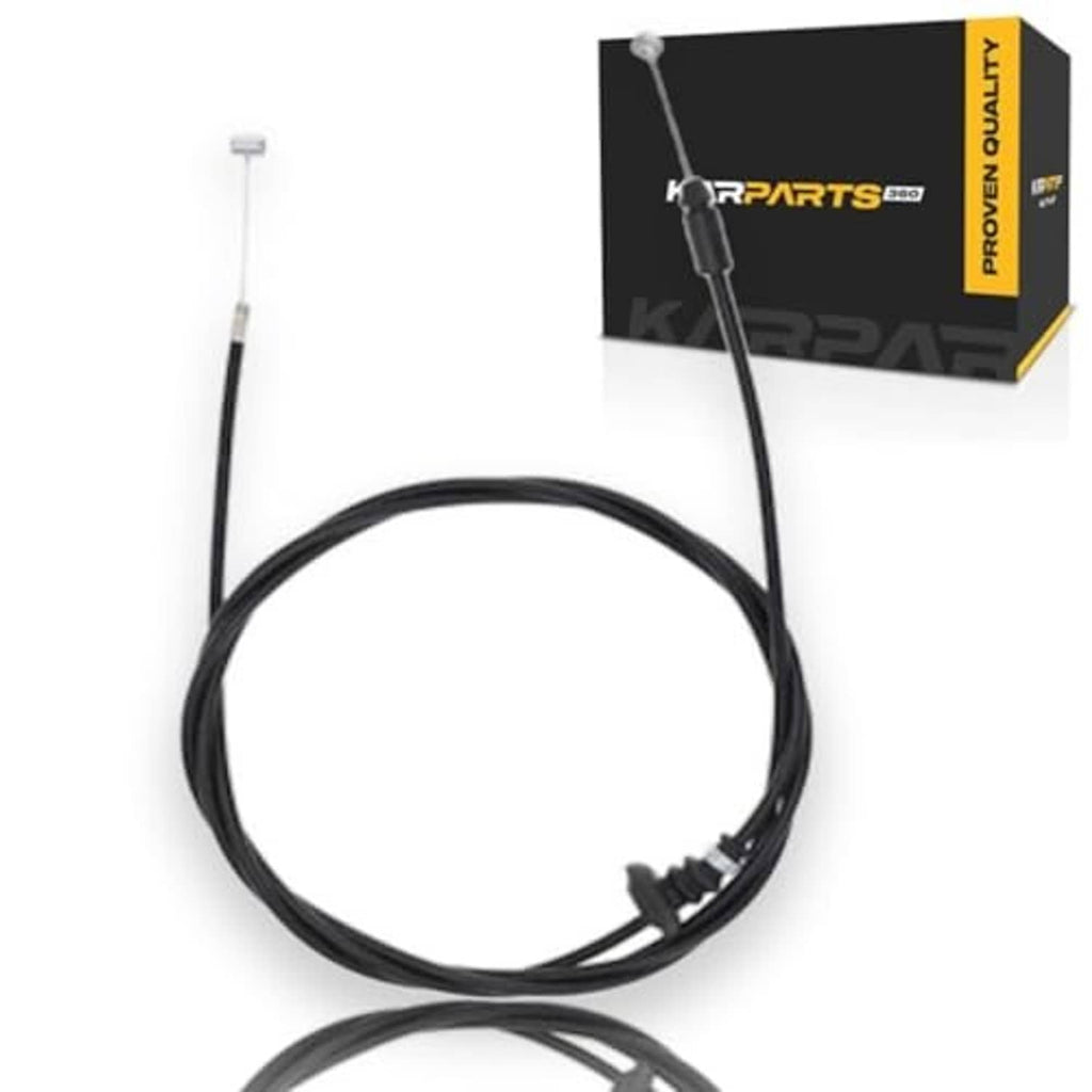 Black hood release cable assembly with metal pull ends, shown with retail box.