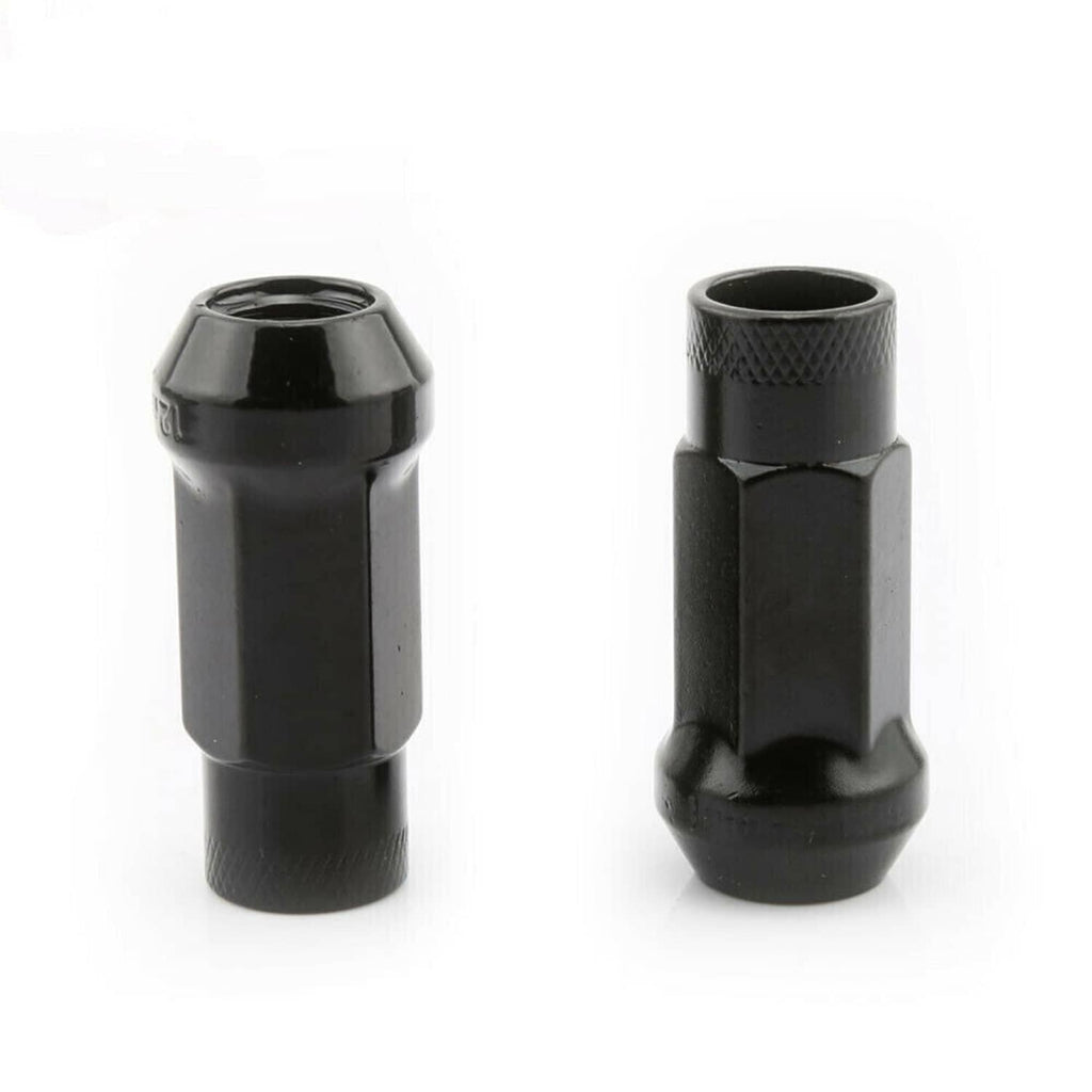 Pair of black extended wheel lug nuts showing open-end hex and interior thread