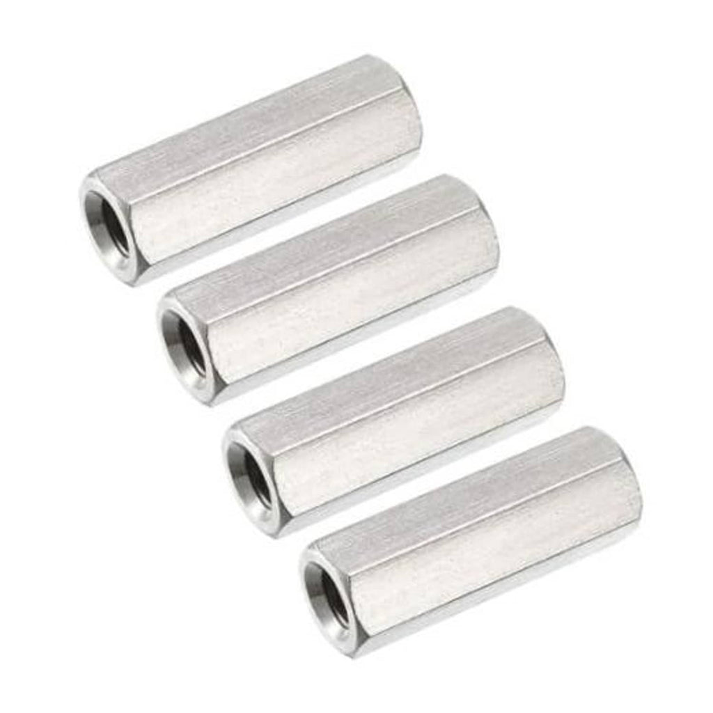 Set of four M10 stainless steel hex coupling nuts, internal threads, 30mm length
