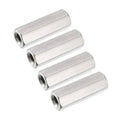 Set of four M10 stainless steel hex coupling nuts, internal threads, 30mm length