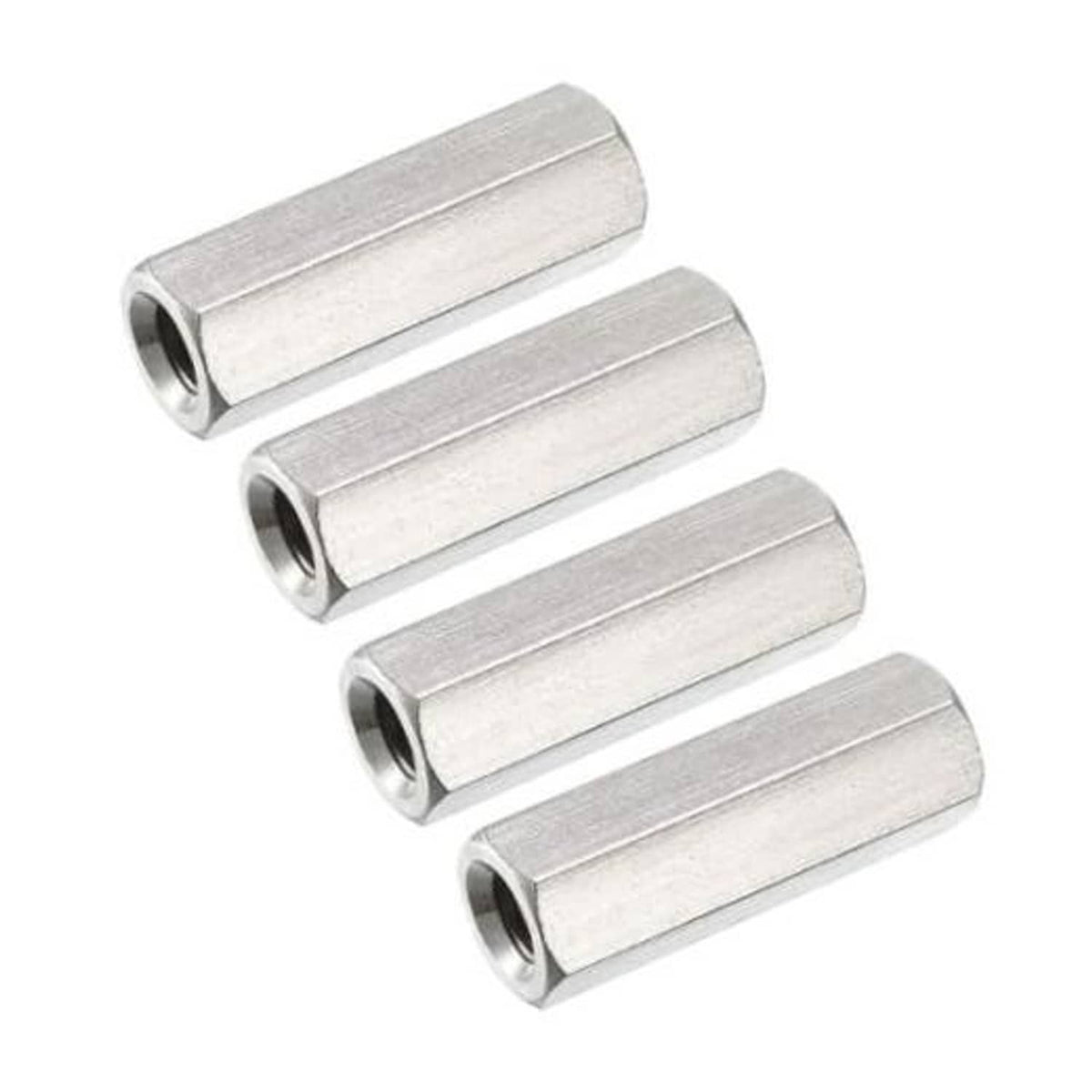 Set of four M10 stainless steel hex coupling nuts, internal threads, 30mm length