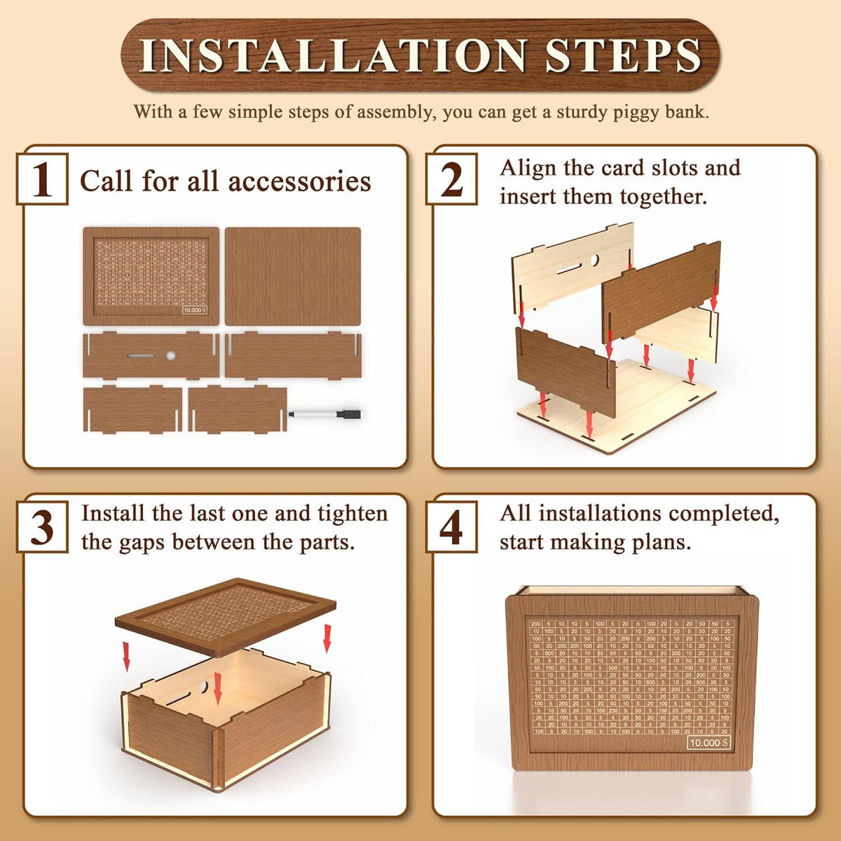 Wooden savings box kit with assembly step diagrams and labeled parts