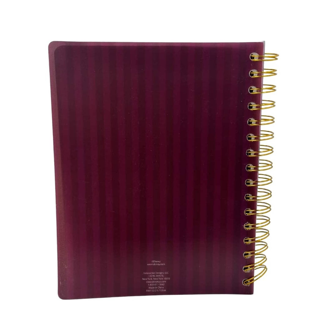 Back cover of spiral bound notebook with gold rings and dark maroon striped finish