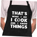 Black chef apron with bold white slogan text and small chef graphic
