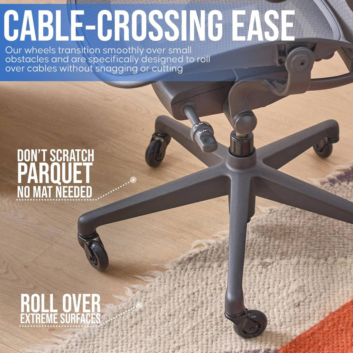 Dark gray office chair caster wheels on base with metal stem