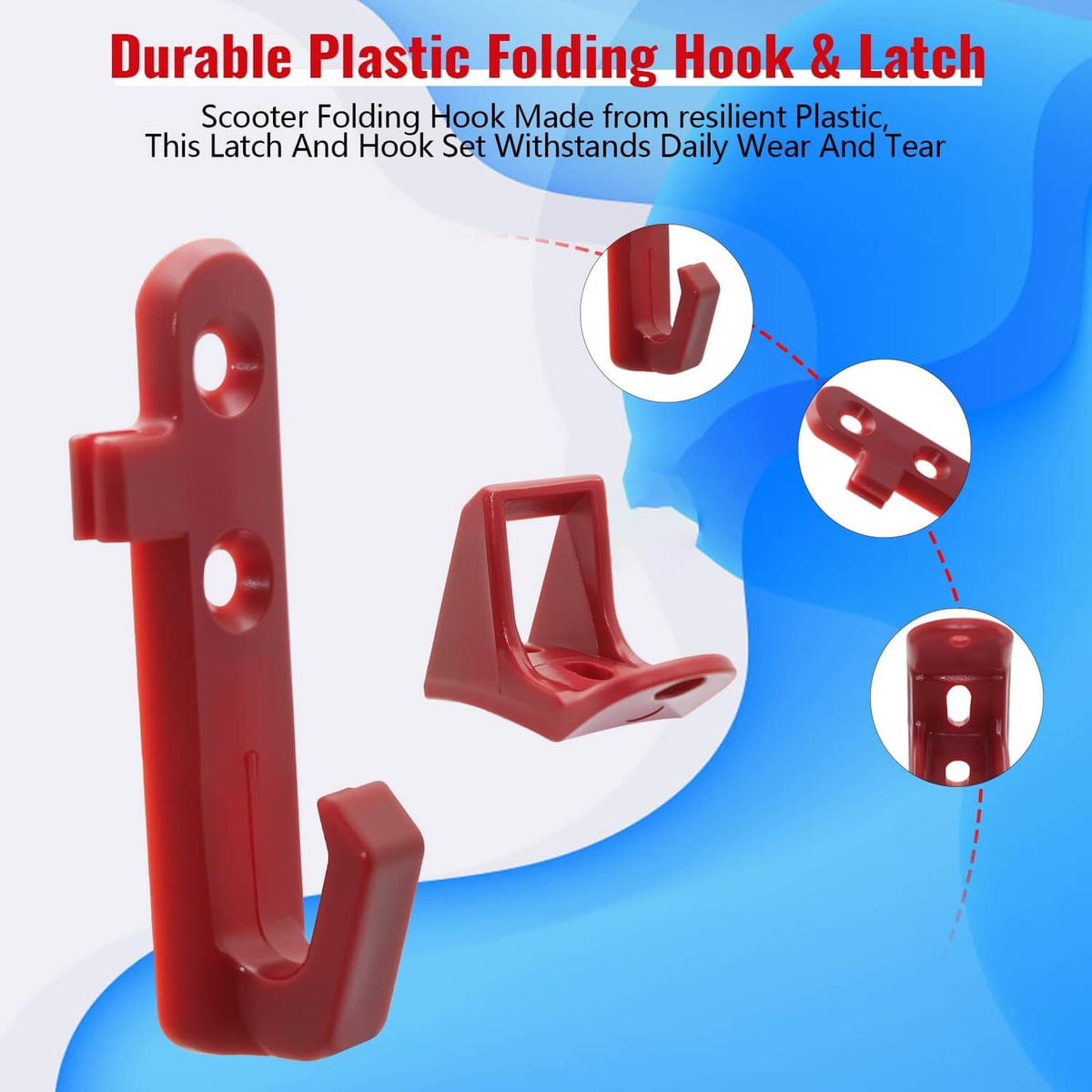 Red plastic folding scooter hook and latch with visible close-up details