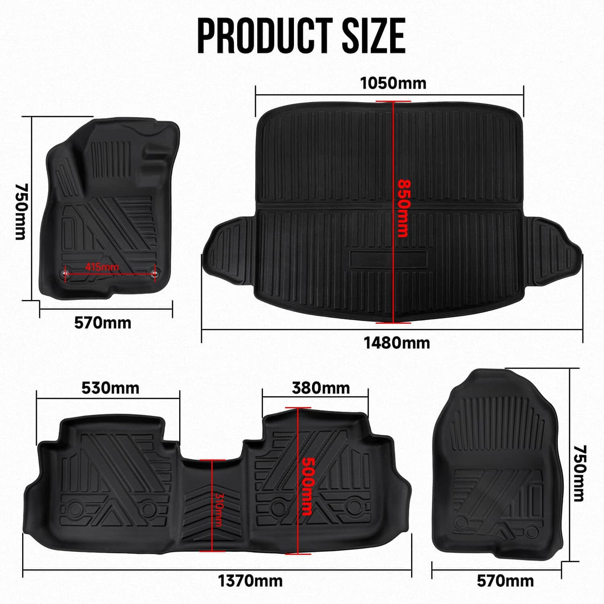 Black all-season floor mats with measurement layout diagram for front and rear coverage