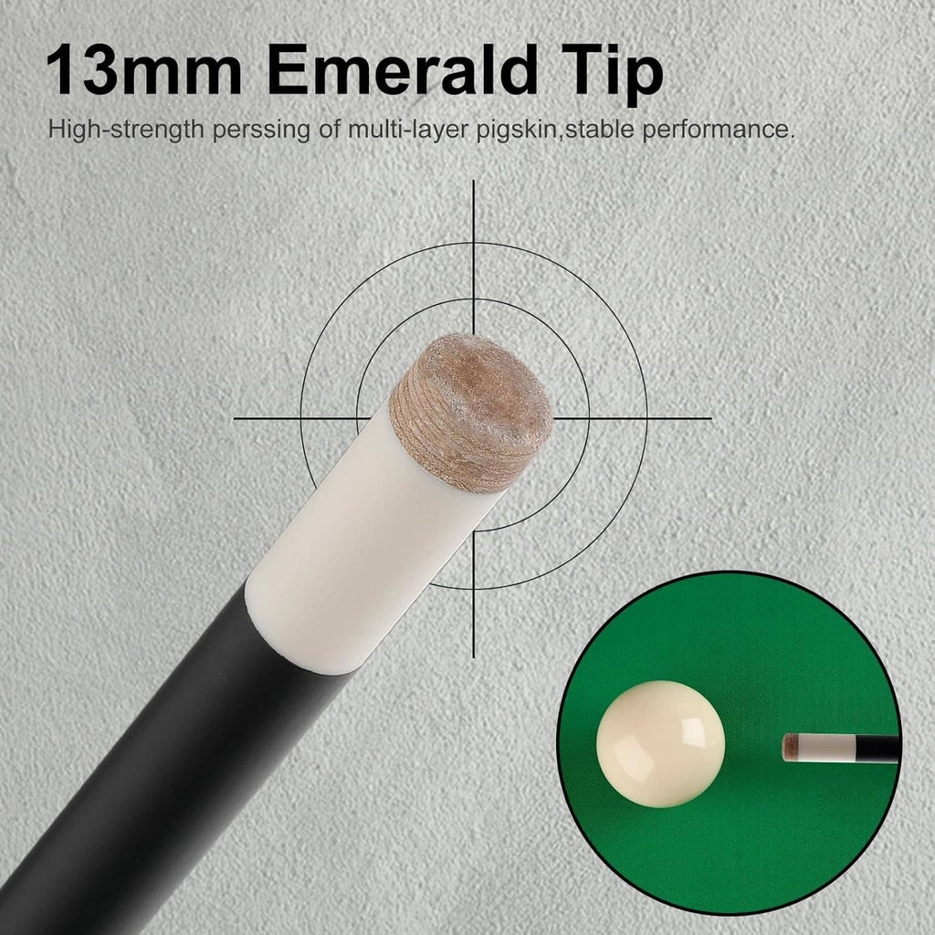 Billiard cue with 13mm emerald tip on a black shaft, close-up