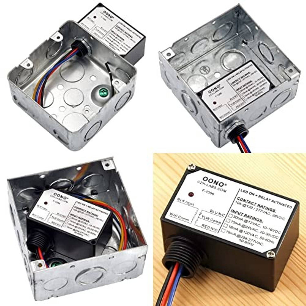 Power relay module open housing showing internal components and wired terminals.