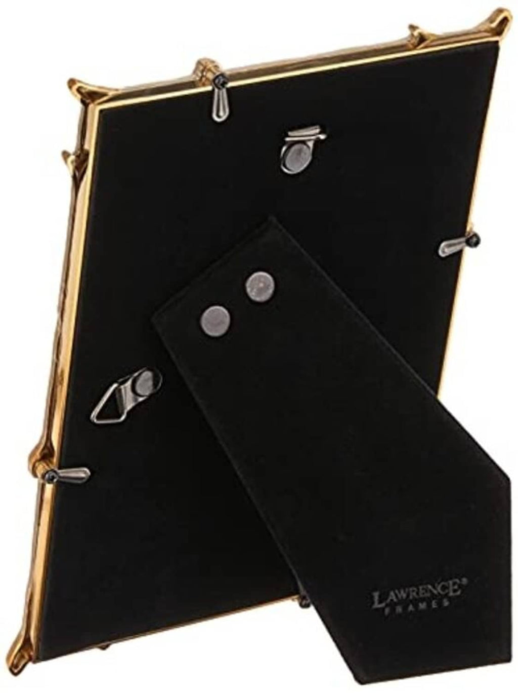 Gold metal picture frame back with black backing and hanging tabs