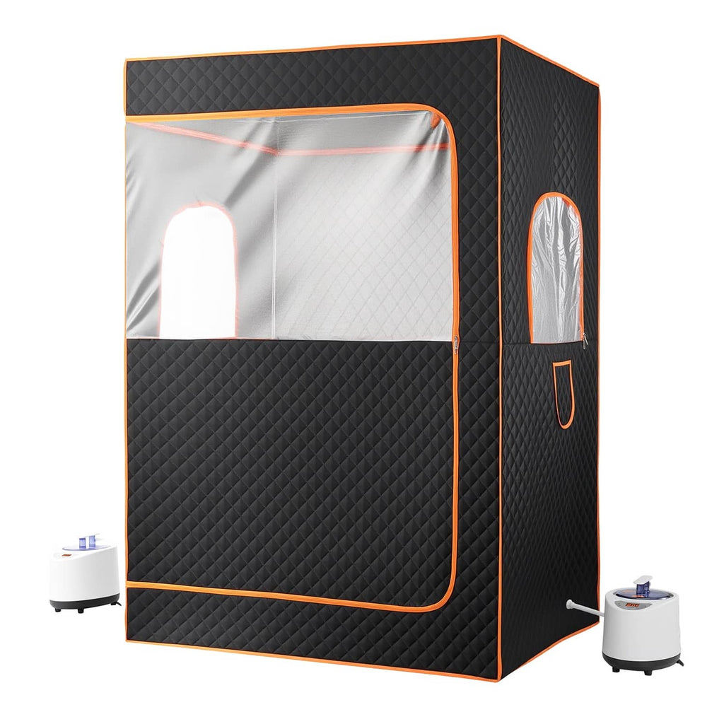 Portable steam sauna tent with black quilted walls, orange trim, and clear front window