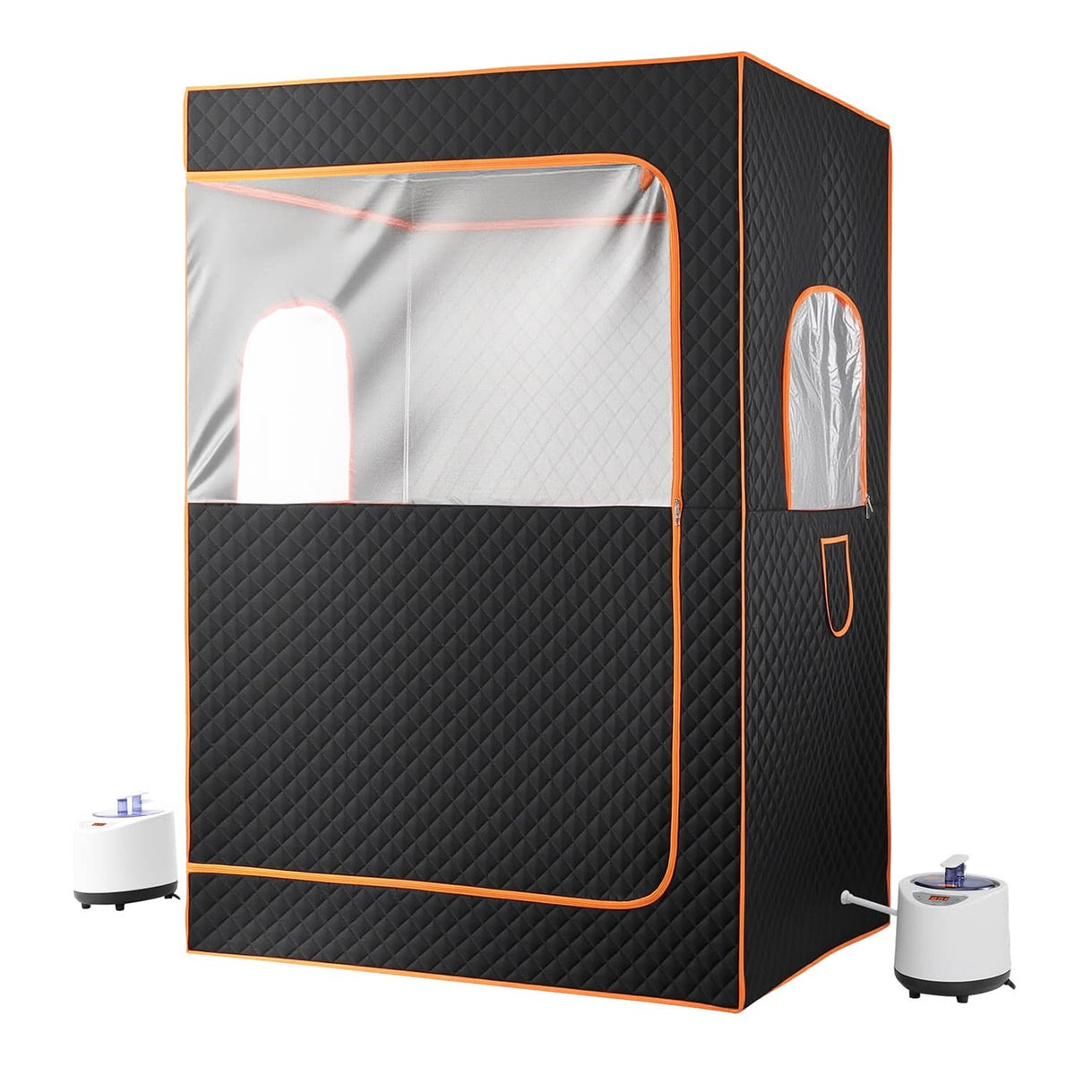 Portable steam sauna tent with black quilted walls, orange trim, and clear front window