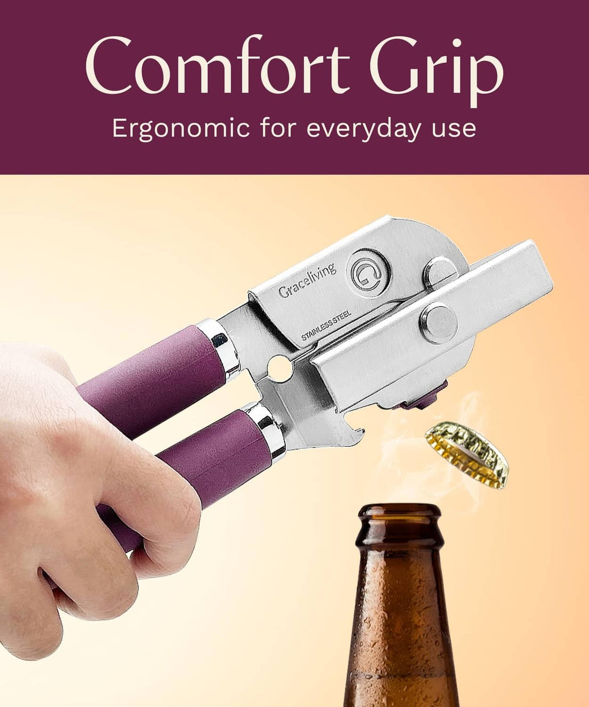 Manual can opener with ergonomic mauve grip, releasing a jar lid from stainless head
