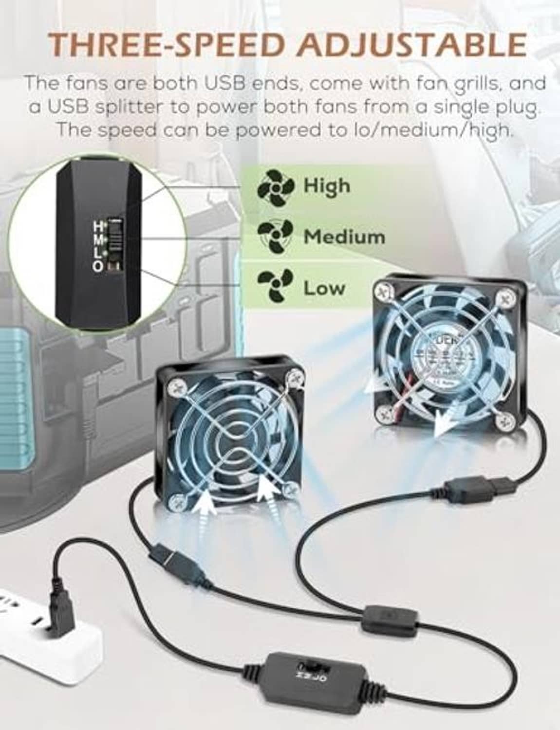 USB dual brushless case fans with splitter cable and inline power adapter module