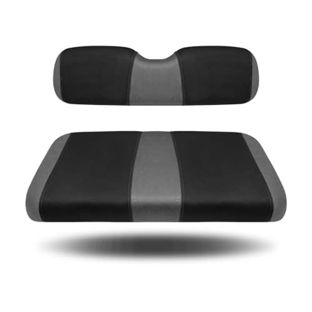 Black and gray golf cart front seat cushion cover set, contoured base and backrest pads