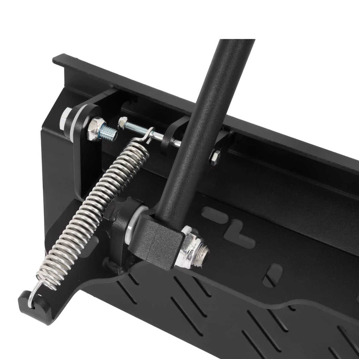 Black chute blocker mechanism with spring, bolts, and bracket for attachment