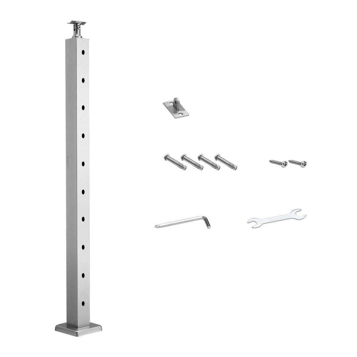Pre-drilled cable railing post, silver stainless steel with side holes and flat base