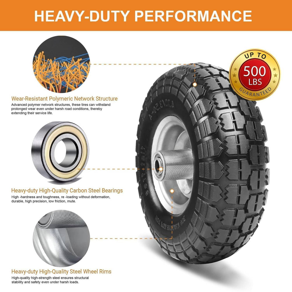 Black solid rubber tire with silver rim, chunky tread lugs and axle hub