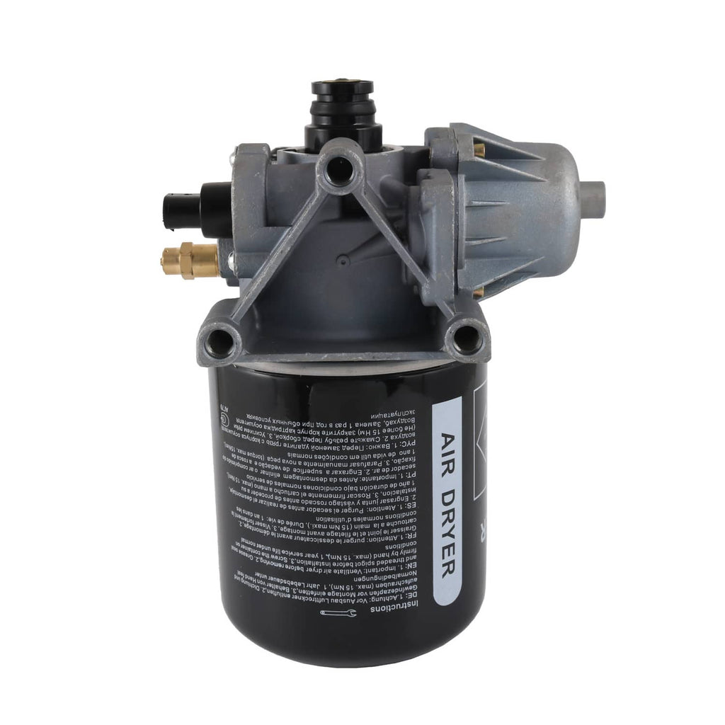 Air dryer unit with black canister and gray mounting bracket