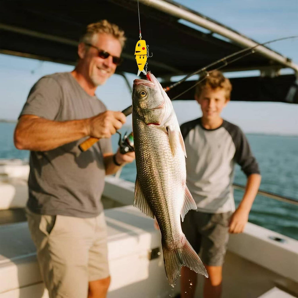 Fishing lure on a line next to a caught fish and hanging yellow lure body