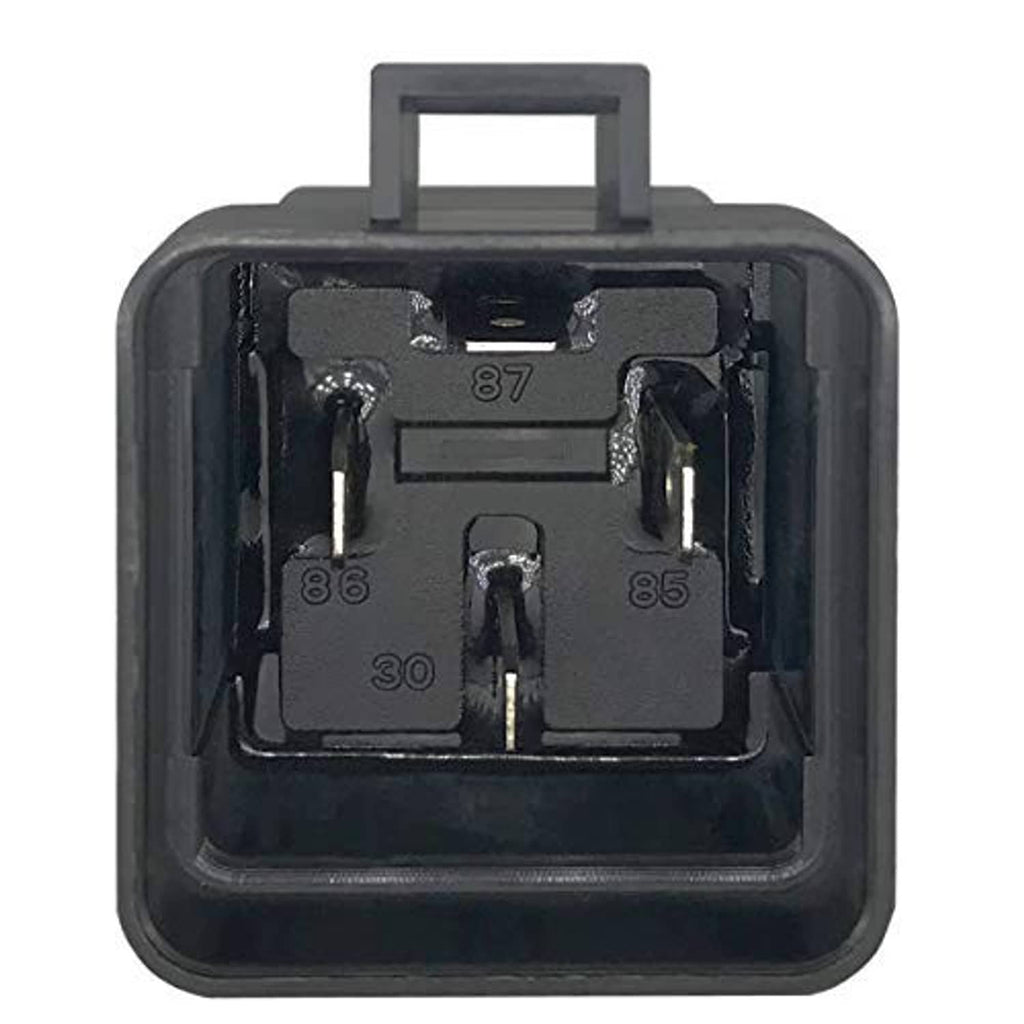 Black relay underside view with metal contacts and molded housing tabs