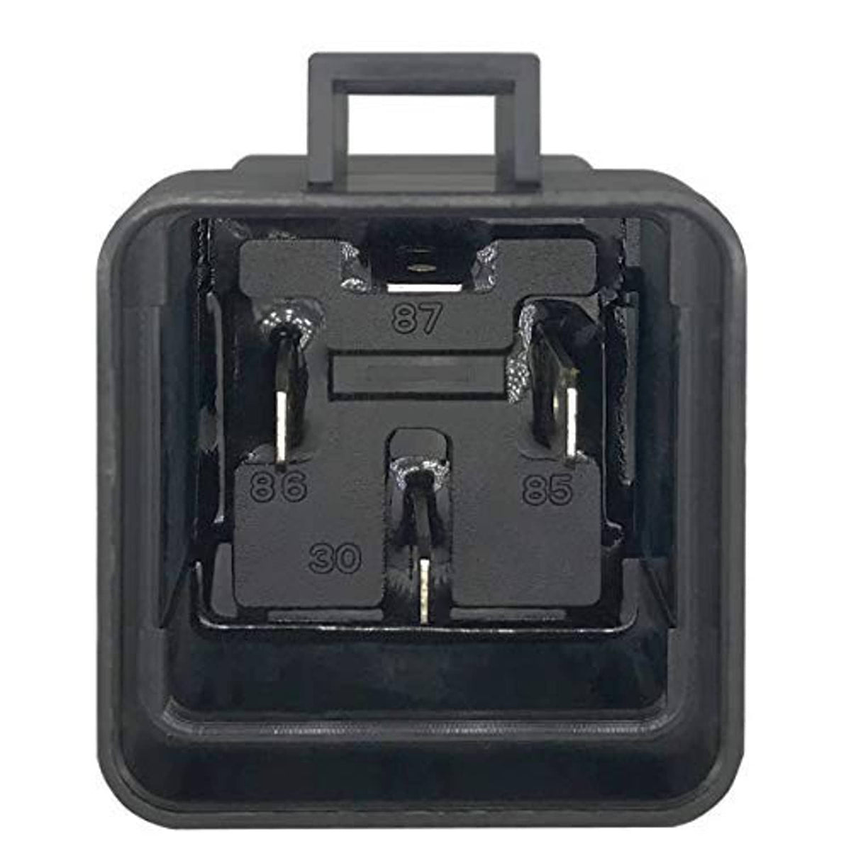 Black relay underside view with metal contacts and molded housing tabs