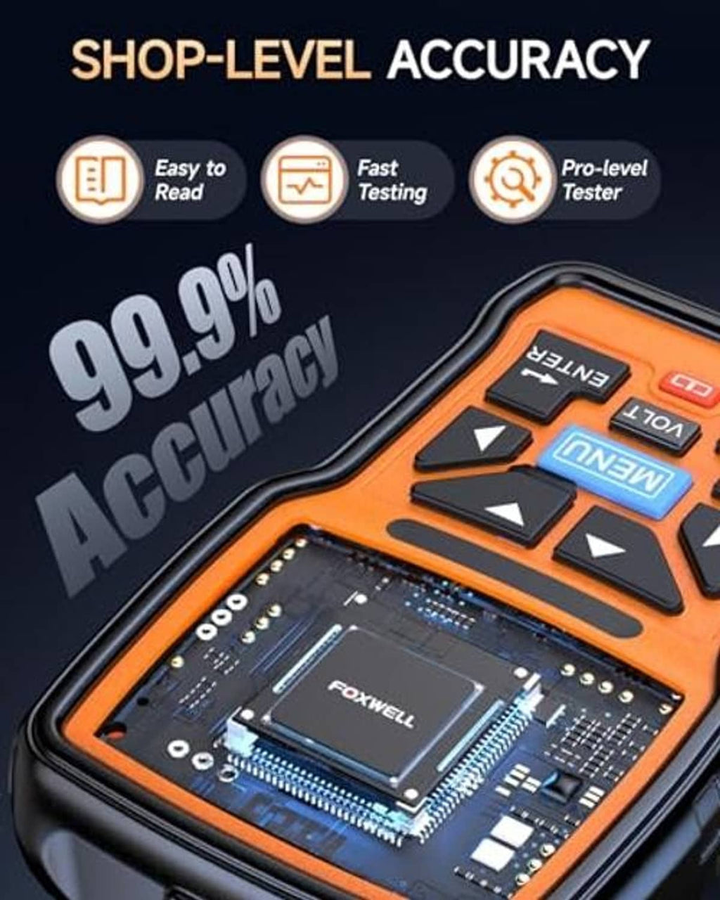 Orange battery tester close-up with LCD window and button controls on the top panel