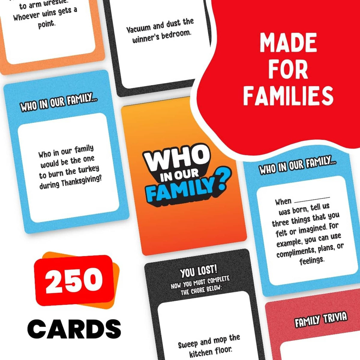 Family party card set on game board, multiple prompt cards and 250 card count