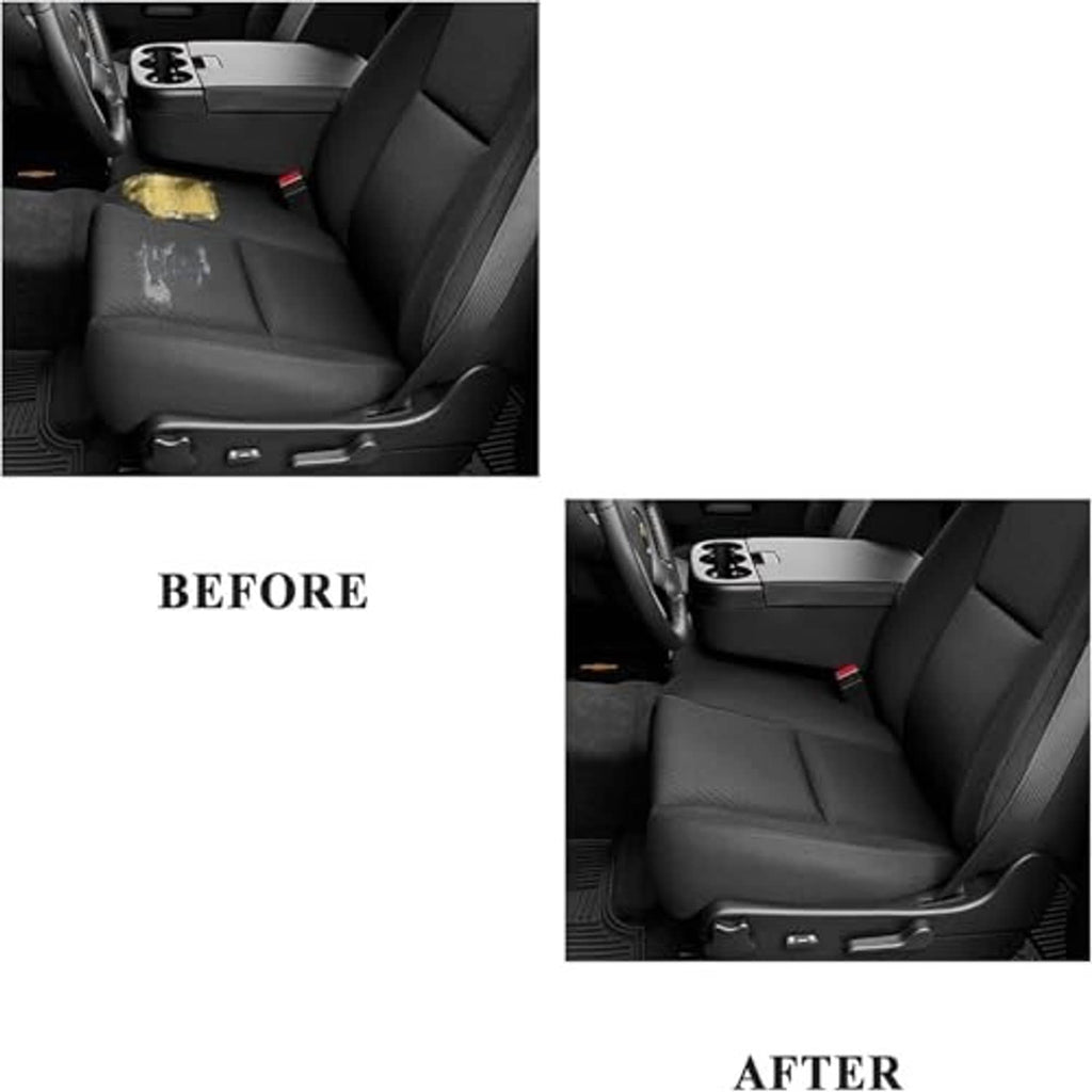 Installed front driver seat cushion cover on dark car seat with armrest controls