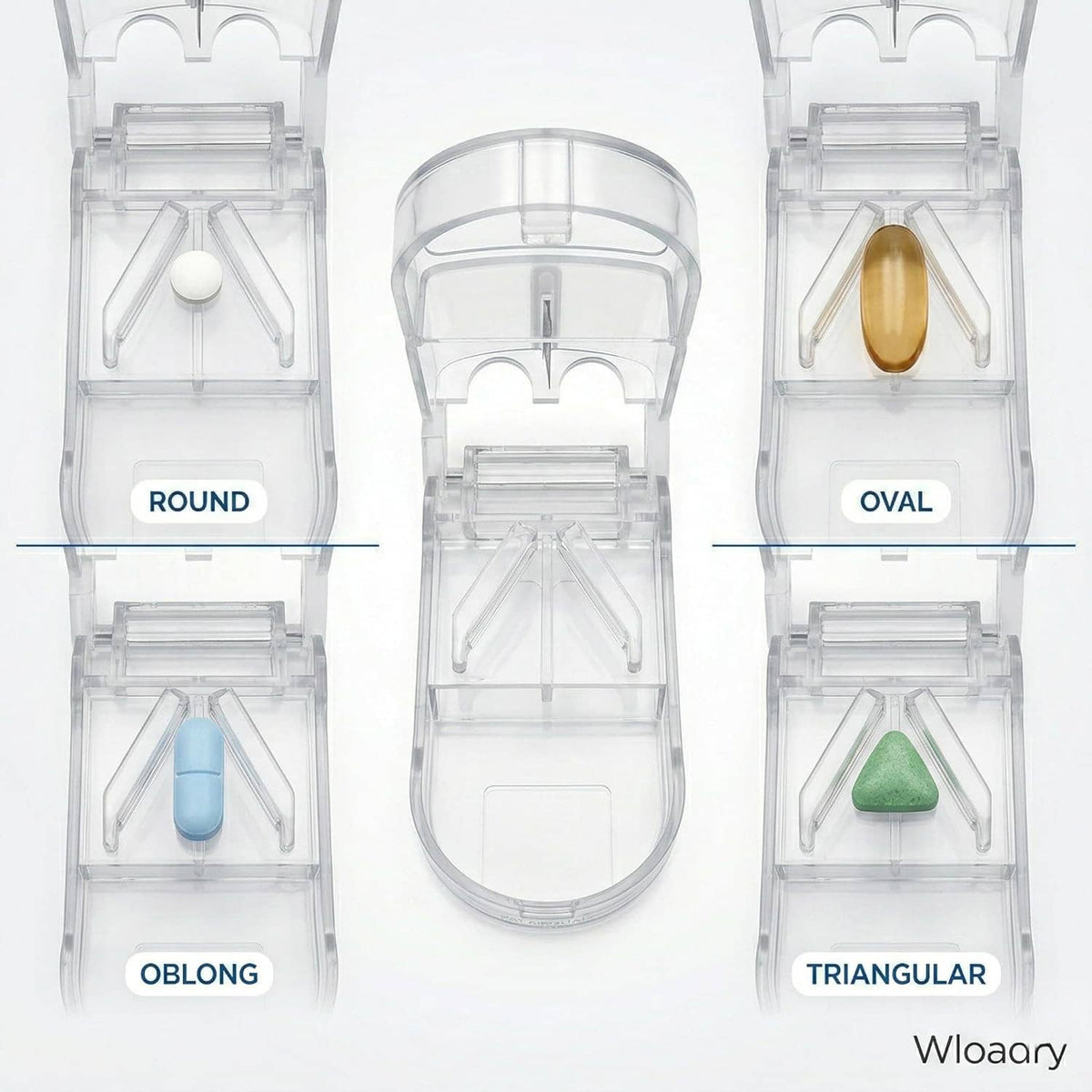Clear pill cutter storage case with compartments for different pill shapes
