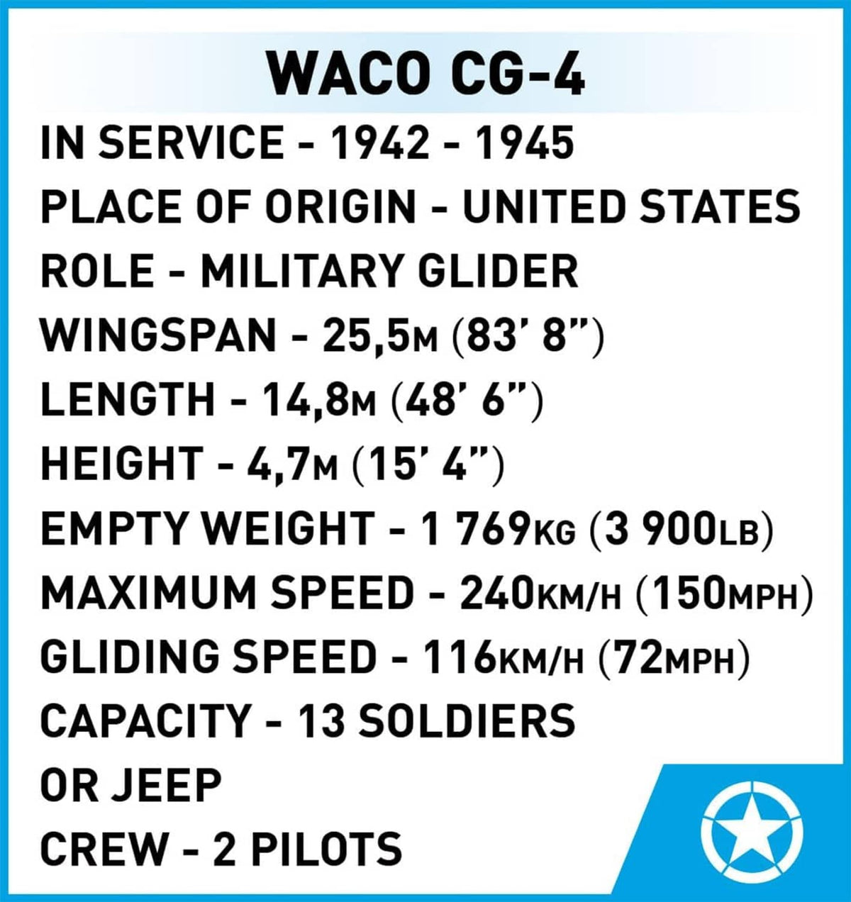 WACO CG-4 in-service info and specifications text panel (1942–1945)