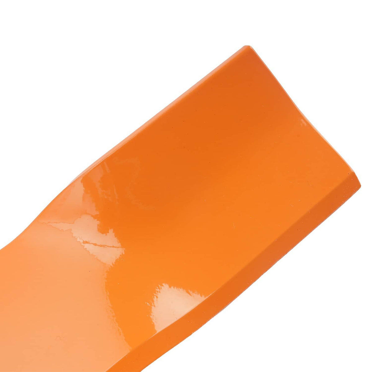Orange deck mower blade with slotted/arched profile and circular mounting hole