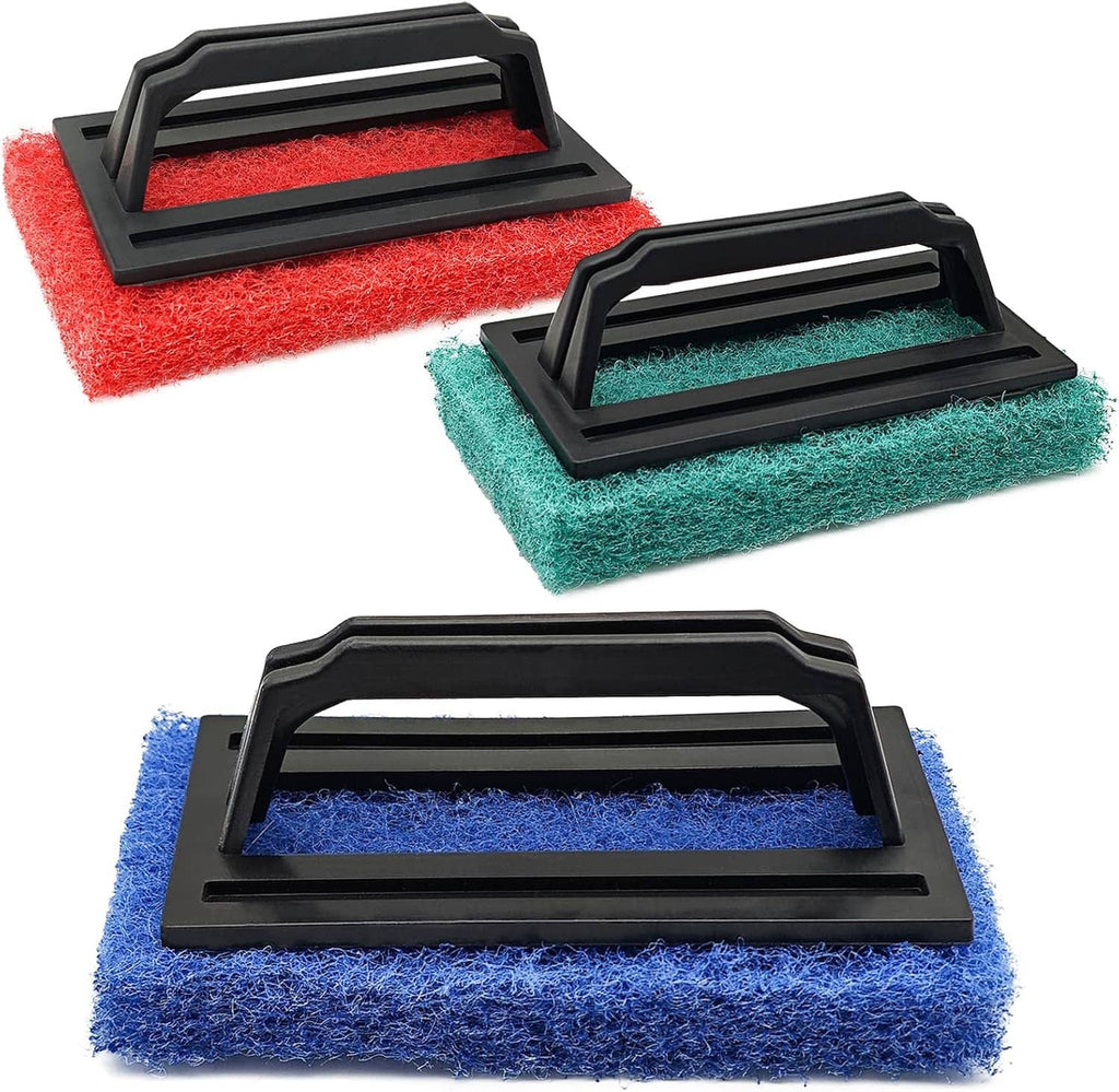Three-pack scrub brush set with black frames and handles, red teal and blue sponge pads.