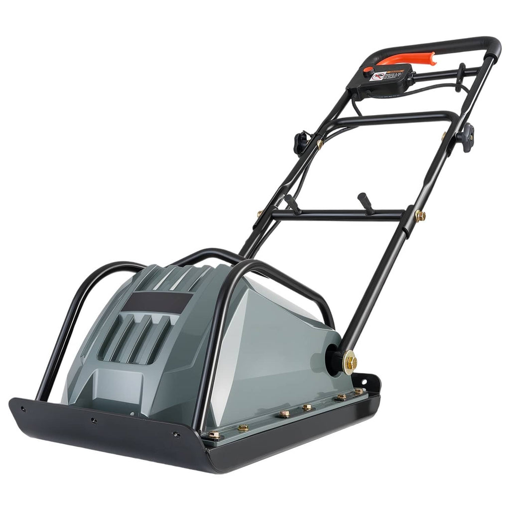 Uimoso electric plate compactor, angled side view with handle frame and base plate, dark gray