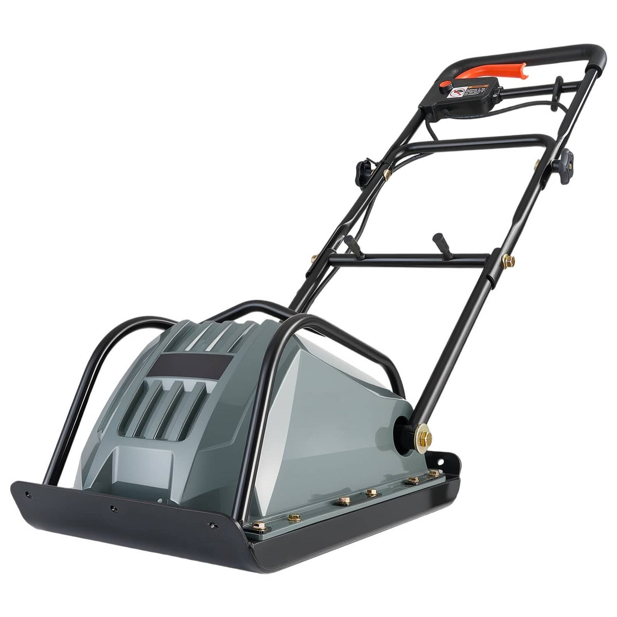 Uimoso electric plate compactor, angled side view with handle frame and base plate, dark gray
