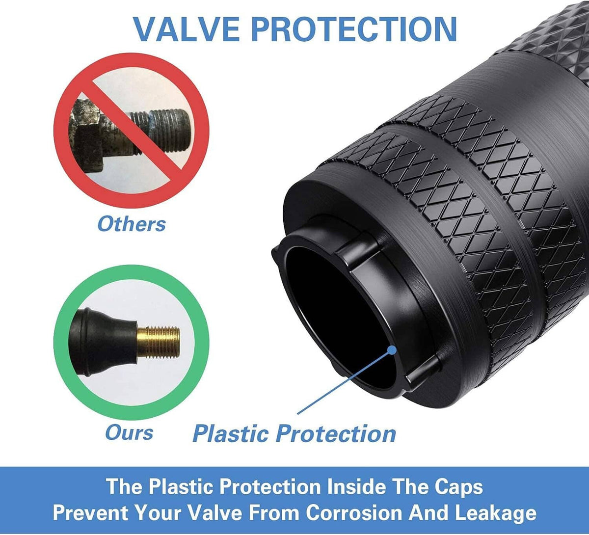 Black tire valve stem cap with open end, textured pattern, and green N2 logo