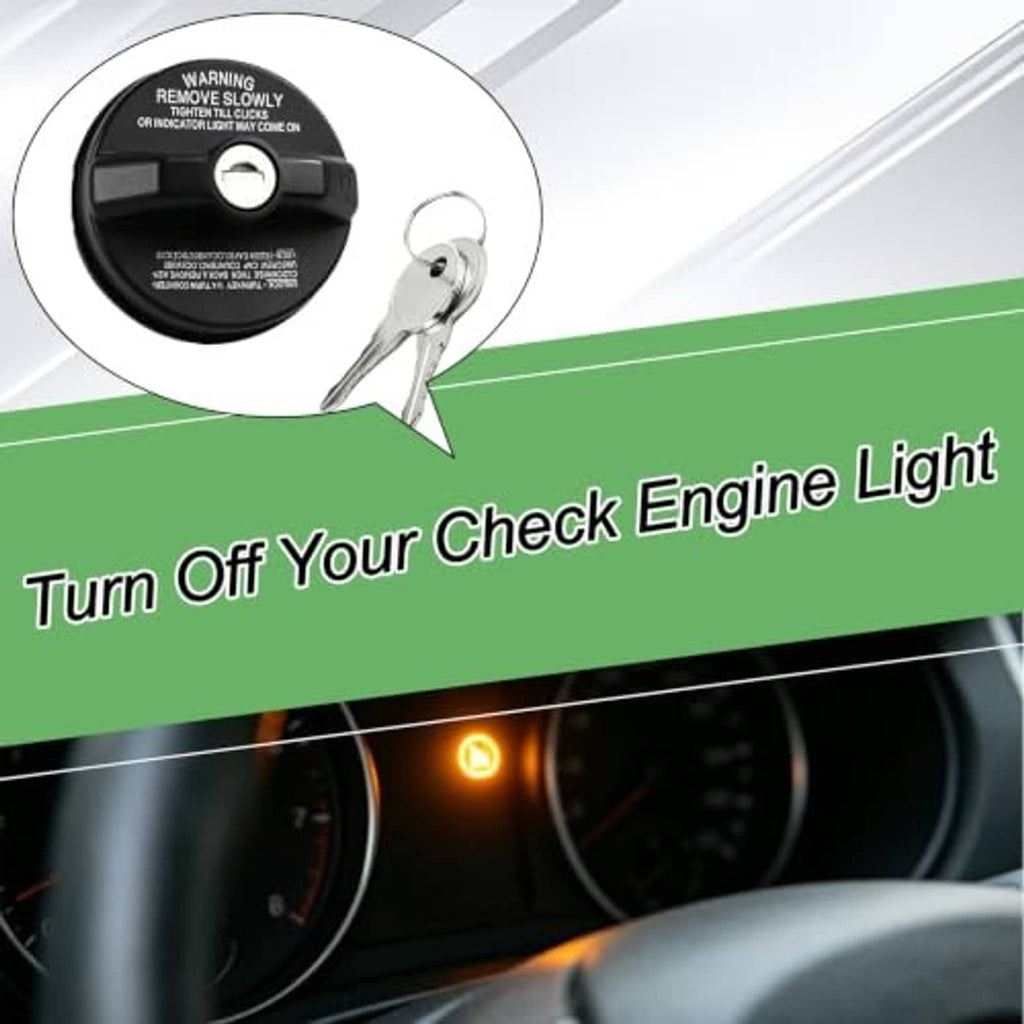 Lock fuel cap with keys near dashboard, showing key lock cap close-up inset