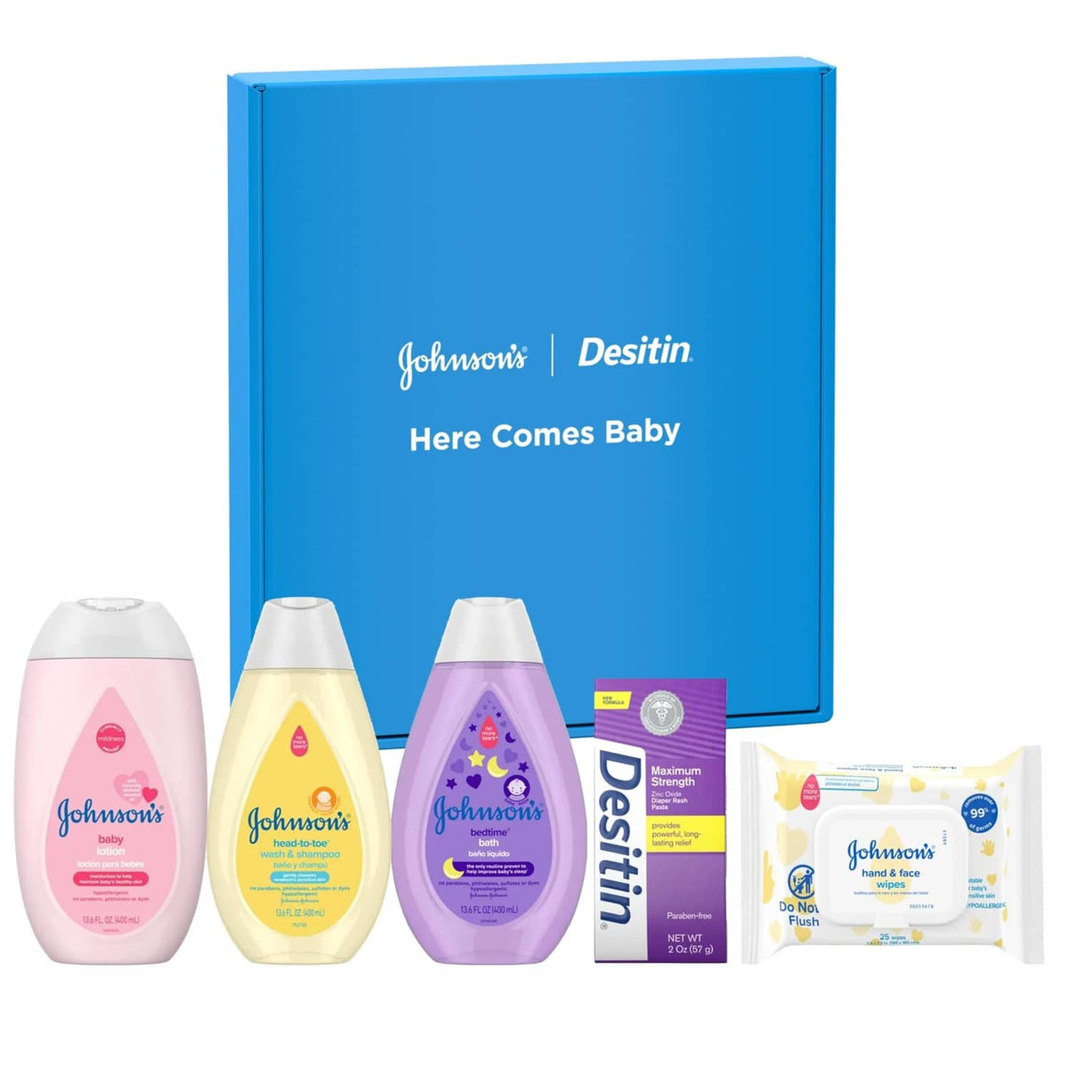 Baby care gift set: purple, pink, yellow bottles, Desitin tube, and hand wipes