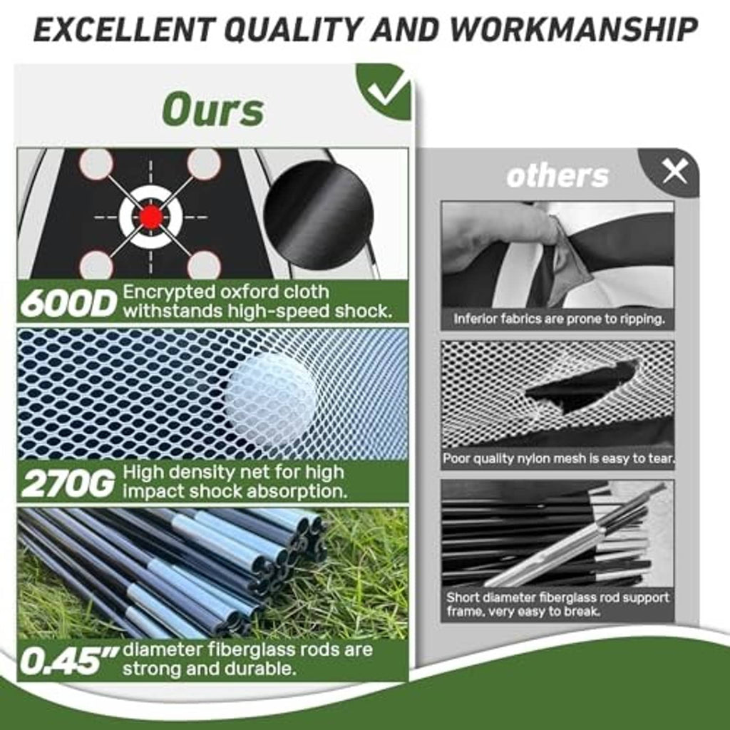 Golf practice net mesh fabric and fiberglass rods, shown in quality close-up
