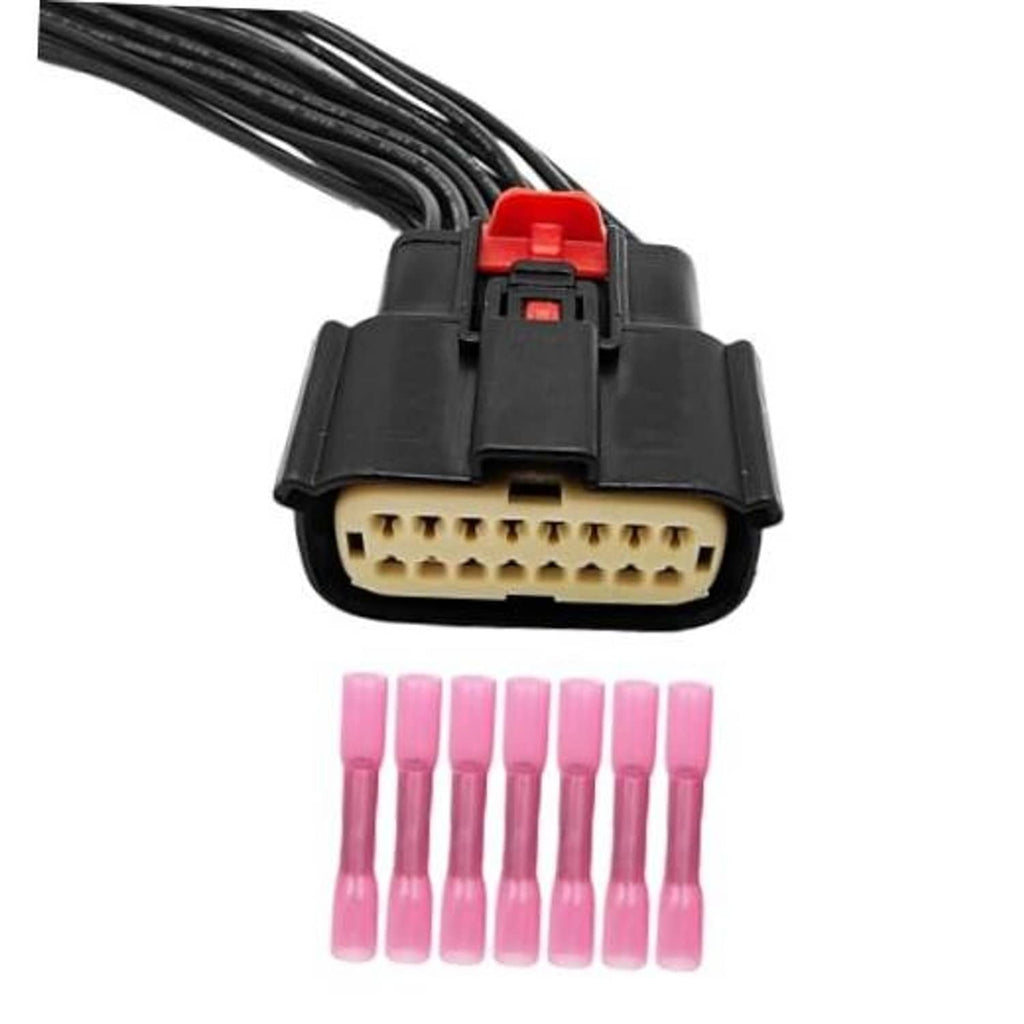 Headlight wiring connector pigtail harness with black housing, red latch, beige pin plug