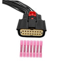 Headlight wiring connector pigtail harness with black housing, red latch, beige pin plug