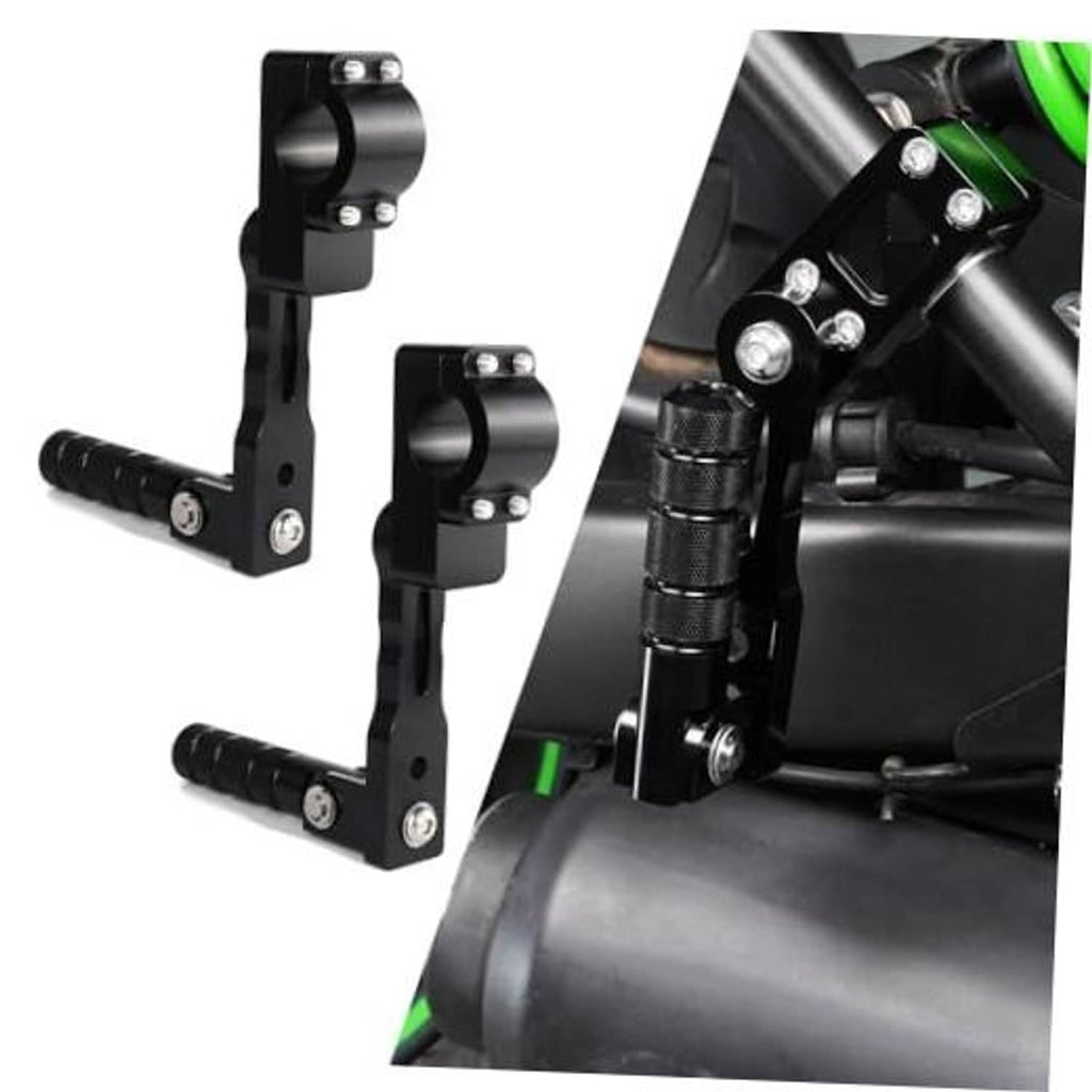 Black adjustable highway foot peg mounts with textured peg pads and clamp brackets