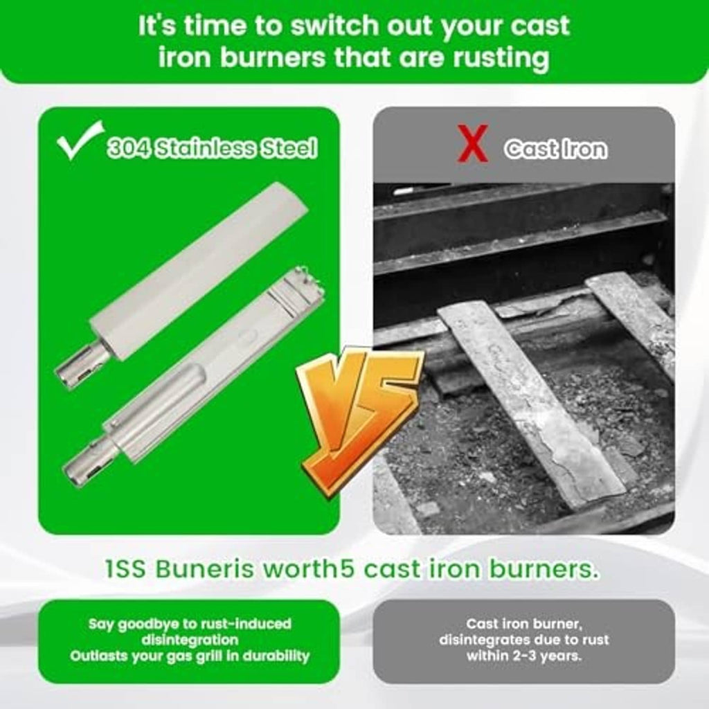 Stainless steel burner beside black cast-iron style burner with rusted appearance